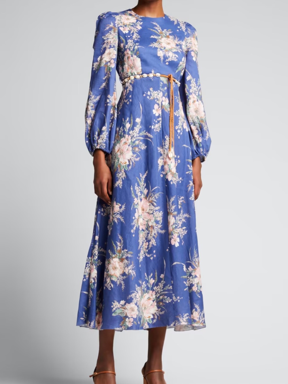 Zimmermann Moonshine Blue Floral Linen Midi Dress  Shell-embellished rope belt
